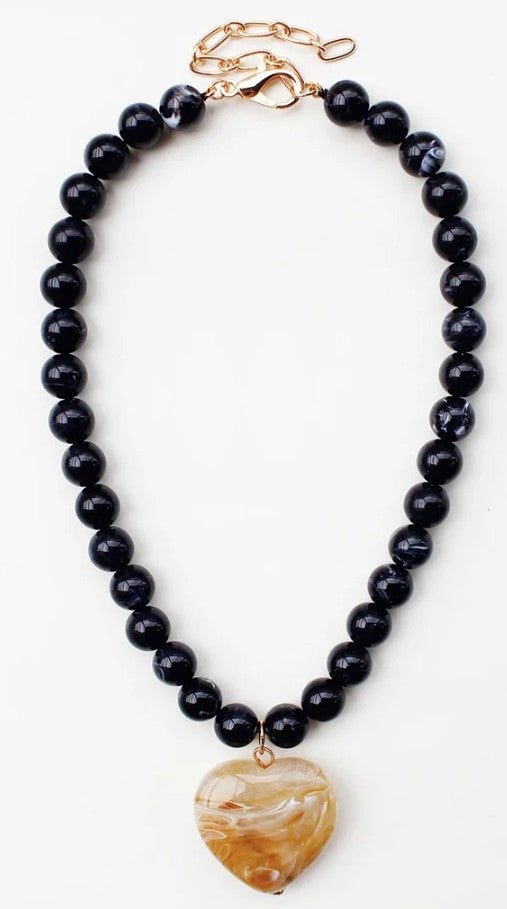 Black Beaded Necklace W/Heart Stone Pendant
