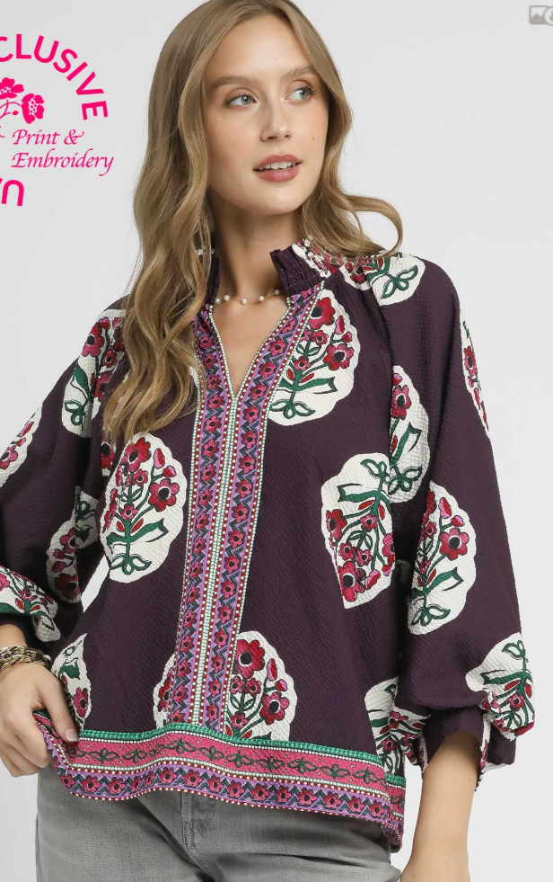 Large Spaced Floral 3/4 Sleeve Tunic Top