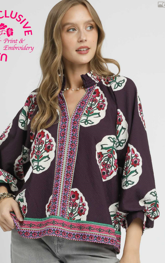 Large Spaced Floral 3/4 Sleeve Tunic Top