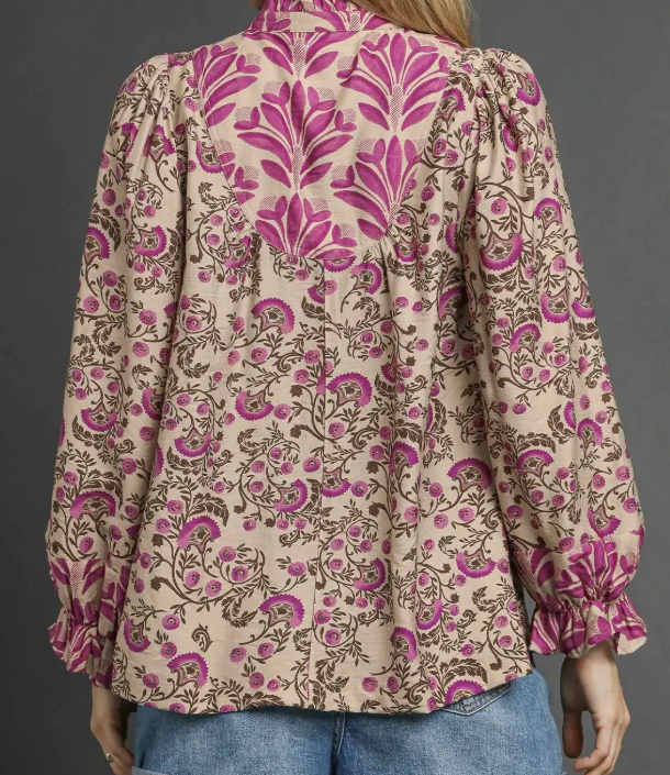 Ruffle Neck Long Sleeve Mixed Print Top-Taupe