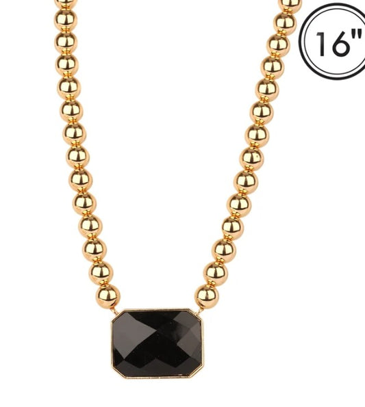 Gold Ball Bead Rectangle Stone Neckalce