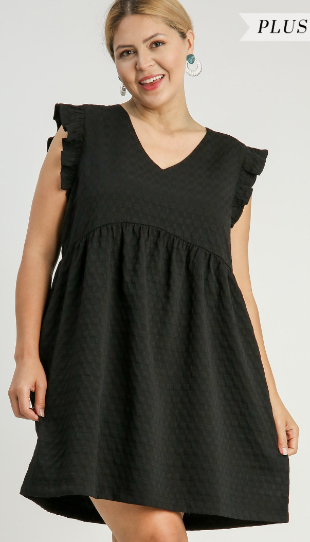 Solid Textured V-Neck Ruffle Sleeve Dress