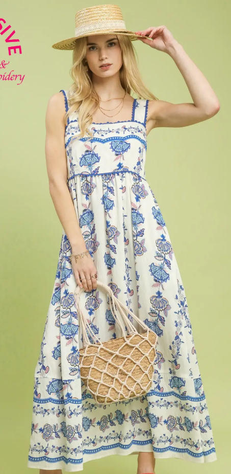 Vertical Floral Wide Strap Midi Dress-Blue