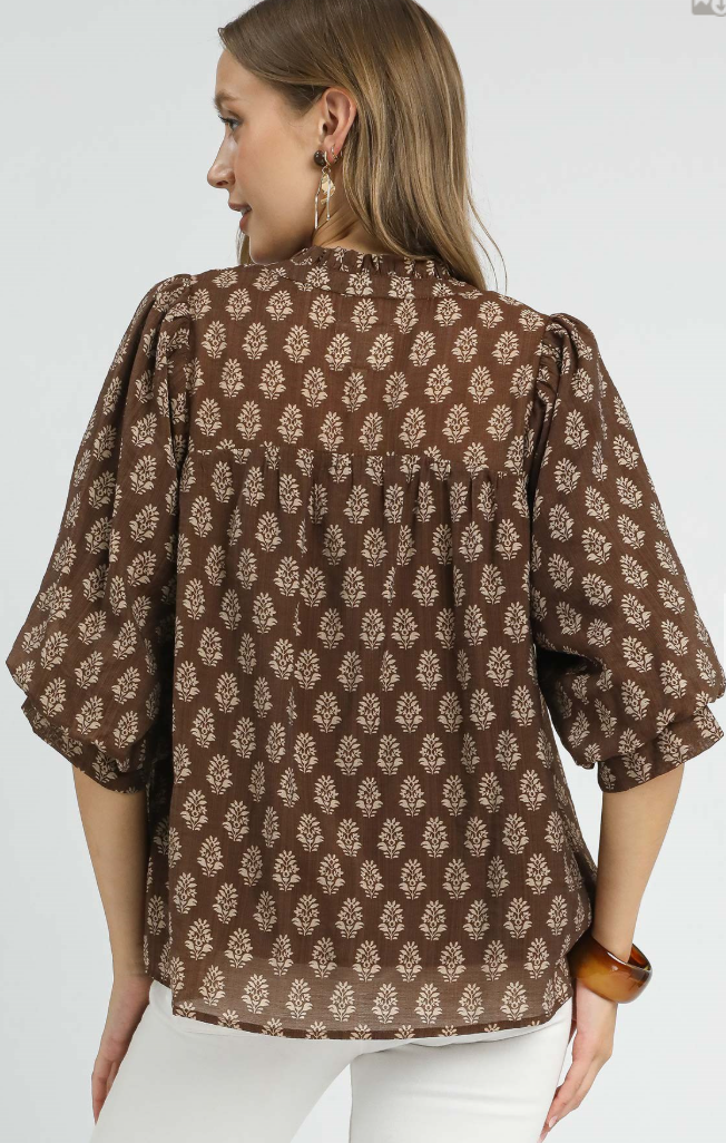 Floral Medallion 3/4 Sleeve Split V-Neck Top-Brown