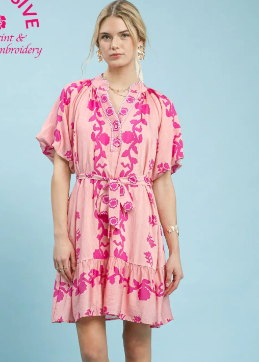 Vertical Floral Print Tie Waist Dress-Pink