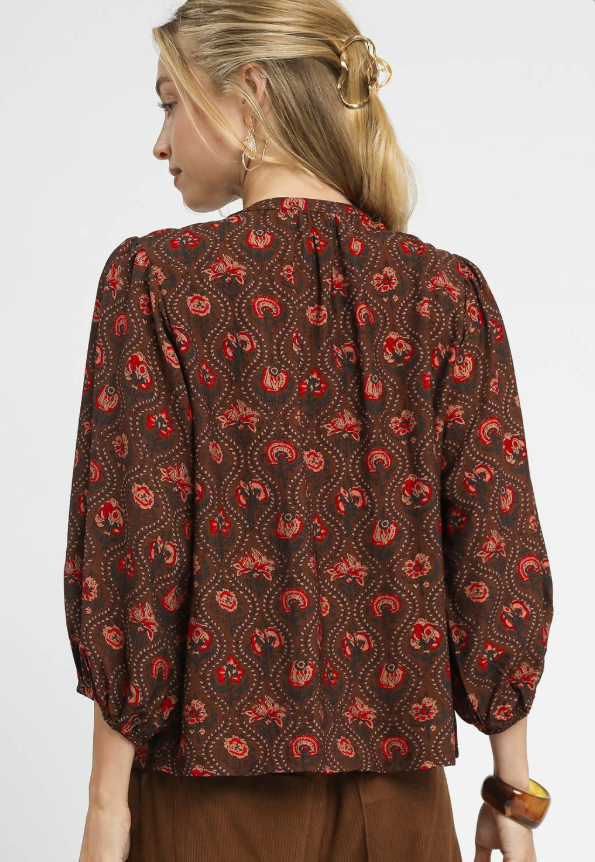 Vertical Floral Double Tie Neck 3/4 Sleeve Top-Brown
