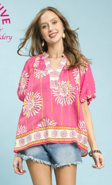 Large Floral V-Neck Contrast Border Print Top-Pink