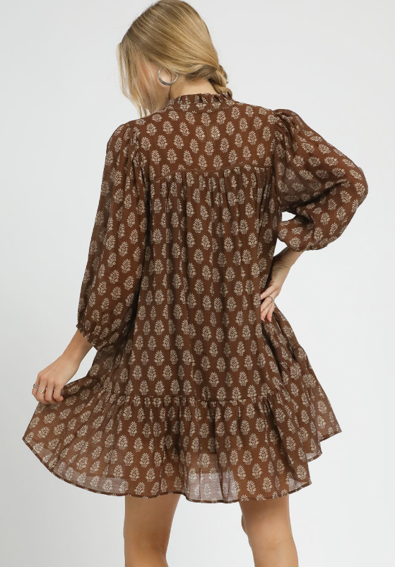 Floral Medallion 3/4 Sleeve Split Neck Dress-Brown