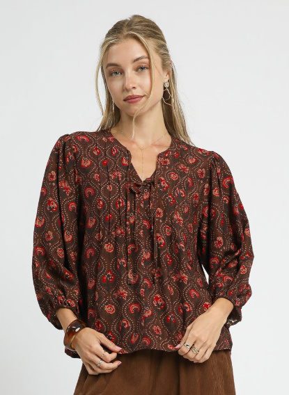 Vertical Floral Double Tie Neck 3/4 Sleeve Top-Brown