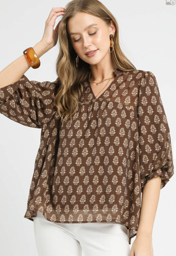 Floral Medallion 3/4 Sleeve Split V-Neck Top-Brown
