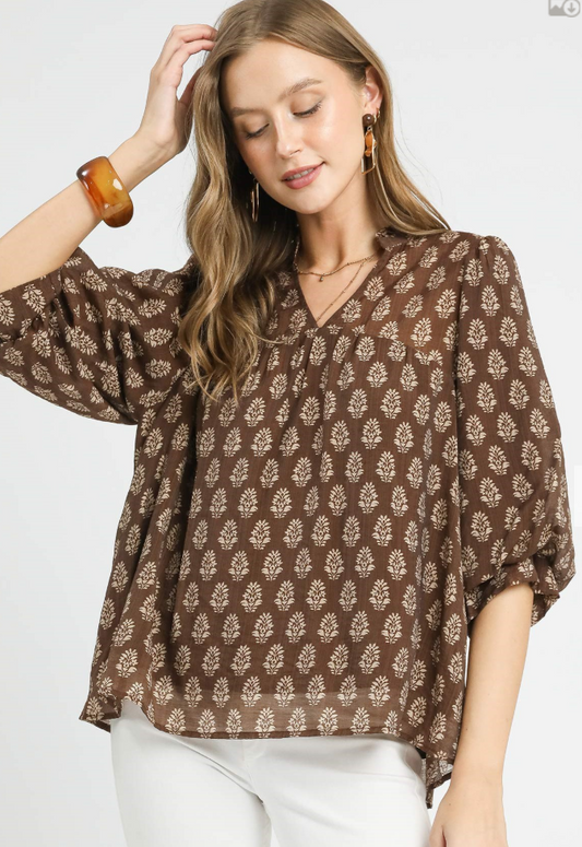 Floral Medallion 3/4 Sleeve Split V-Neck Top-Brown