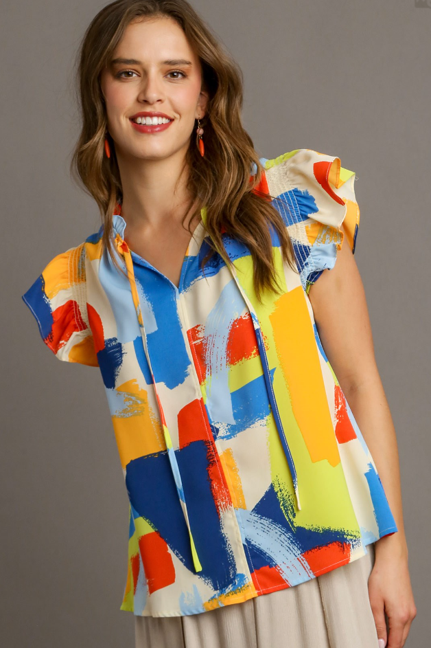 Brush Stroke Flutter Sleeve Tie Neck Top-Org