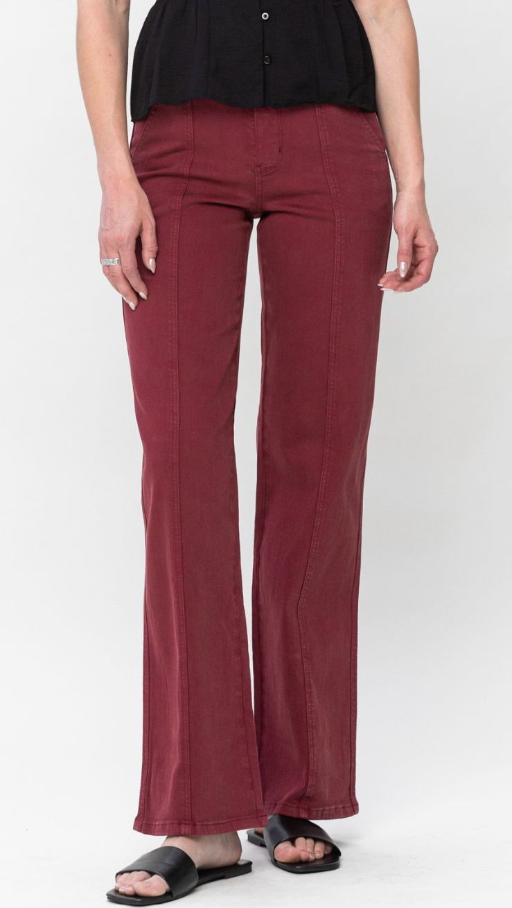 High Waist Dyed Front Seam Straight Denim - Burgundy