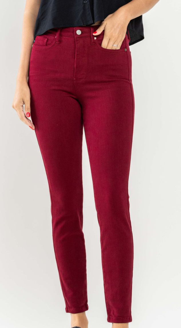 High Waisted Tummy Control Dyed Skinny Denim - Scarlet