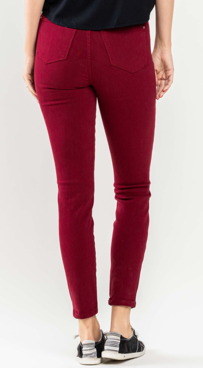 High Waisted Tummy Control Dyed Skinny Denim - Scarlet