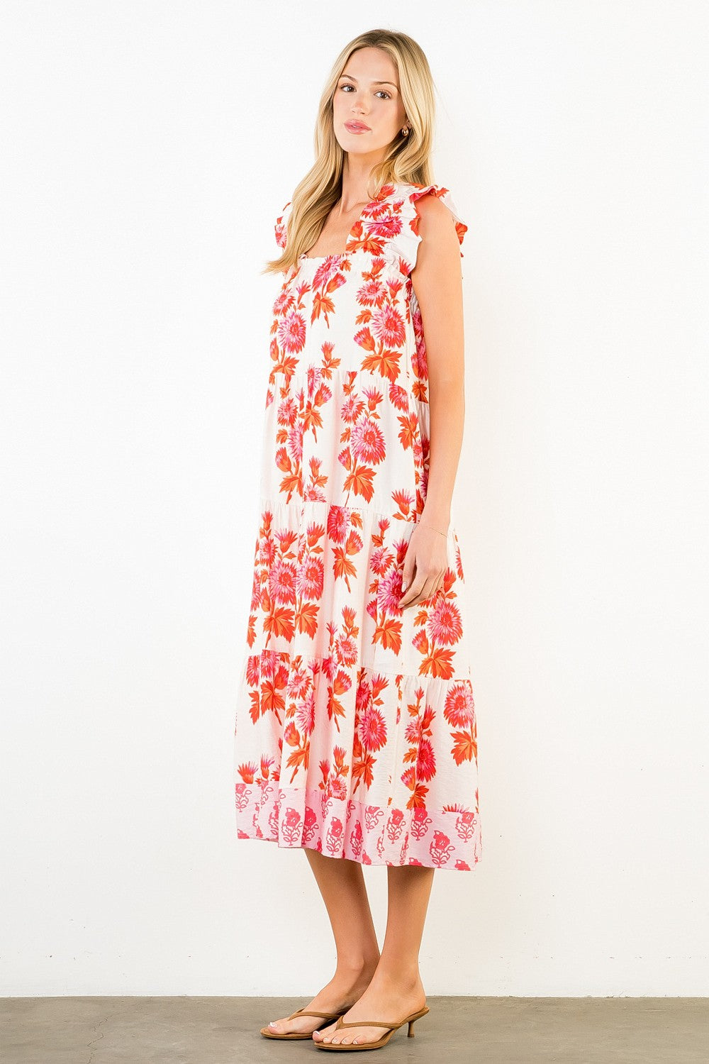 Floral Wide Flutter Strap Tiered Midi Dress-Cream