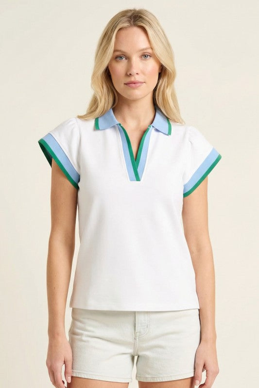 Knit Banded Cap Sleeve Johnny Collar Polo Top-Wht