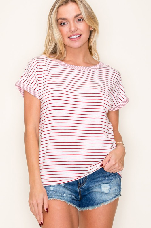 Striped Contrast Trim Round Neck Top-Red