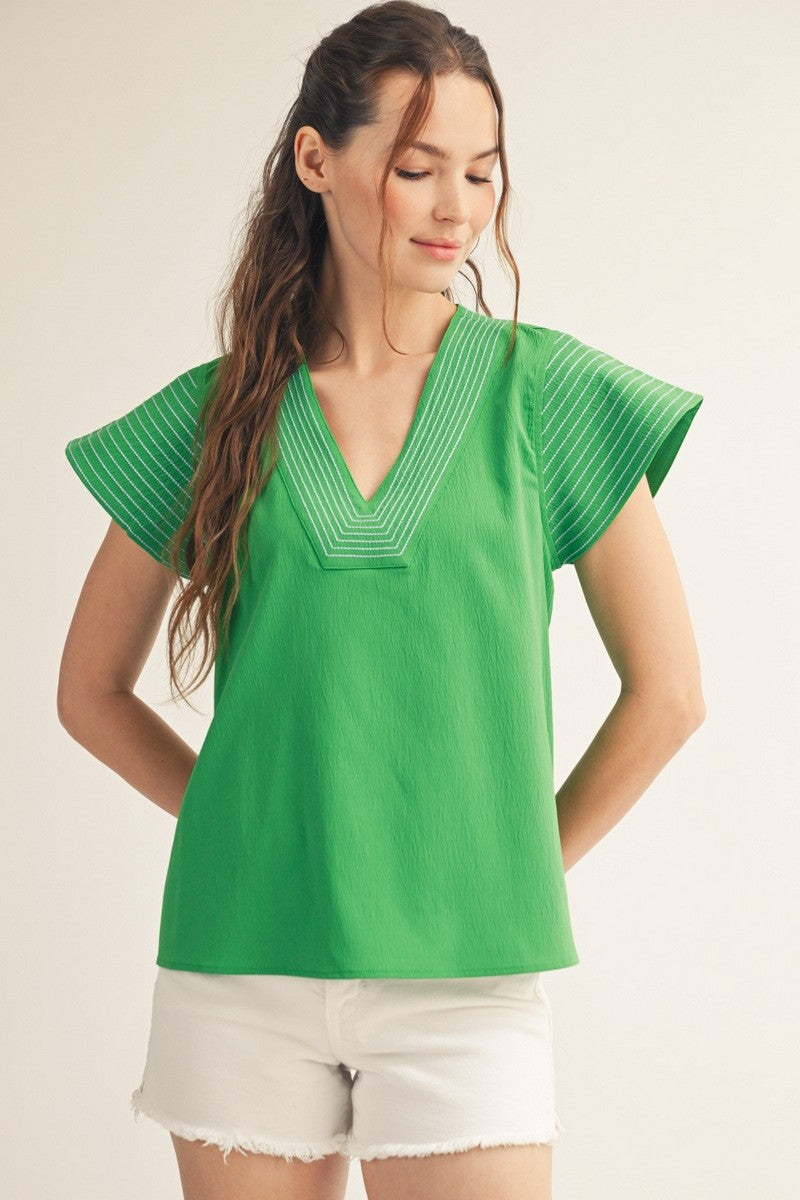 Solid Contrast Stitch Detail V-Neck Flutter Sleeve Top