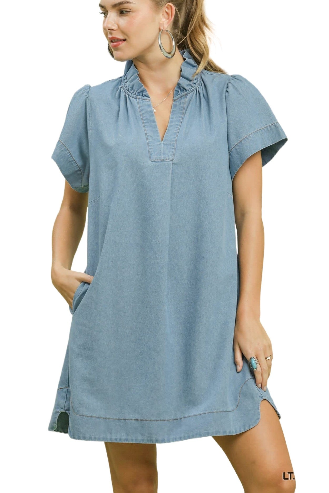 Chambray Denim V-Neck Flutter Sleeve Dress