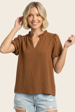 Solid Frill Split Neck Puff Sleeve Top