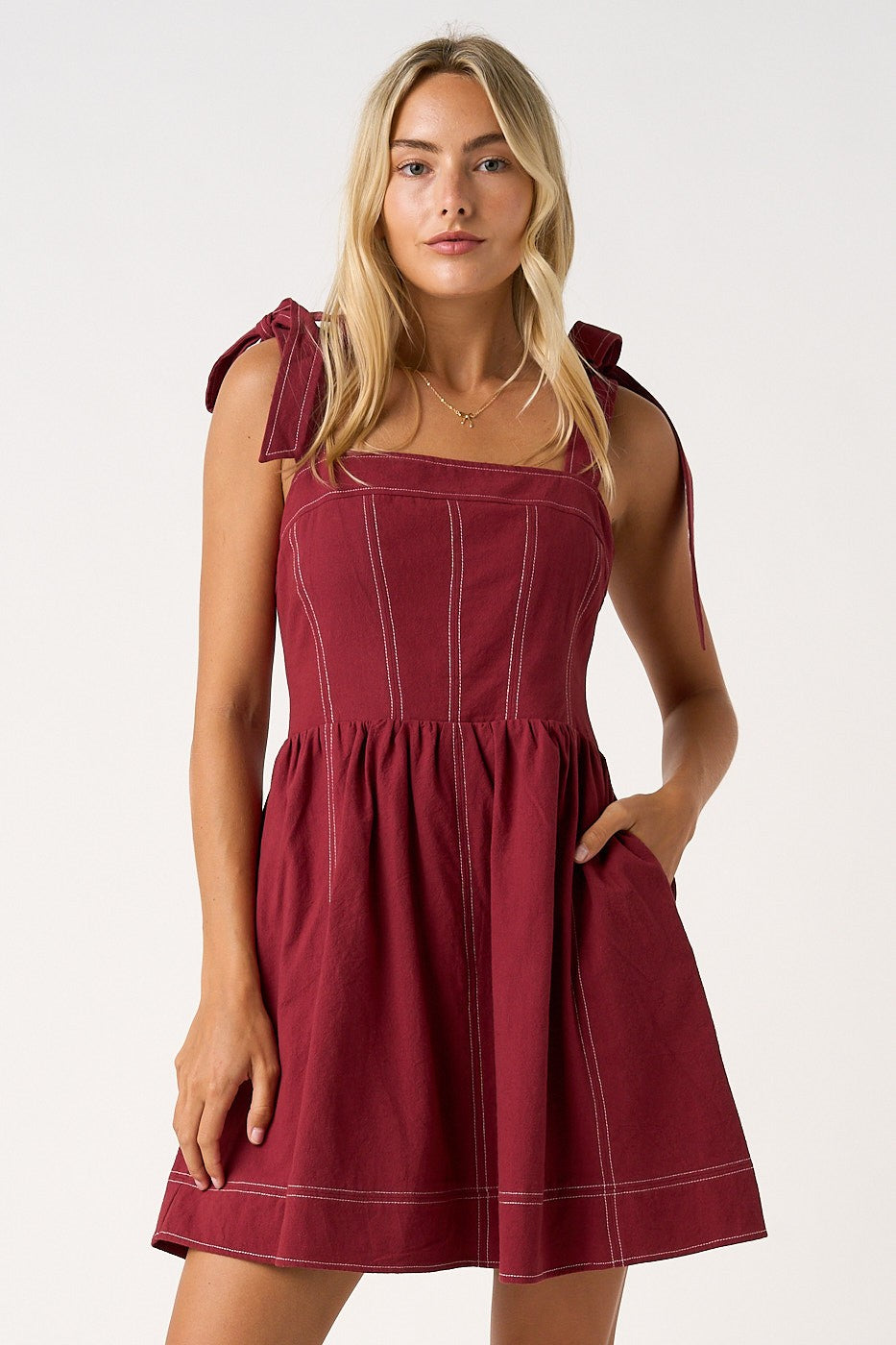 Solid Tie Shoulder Smocked Back Contrast Stitch Dress