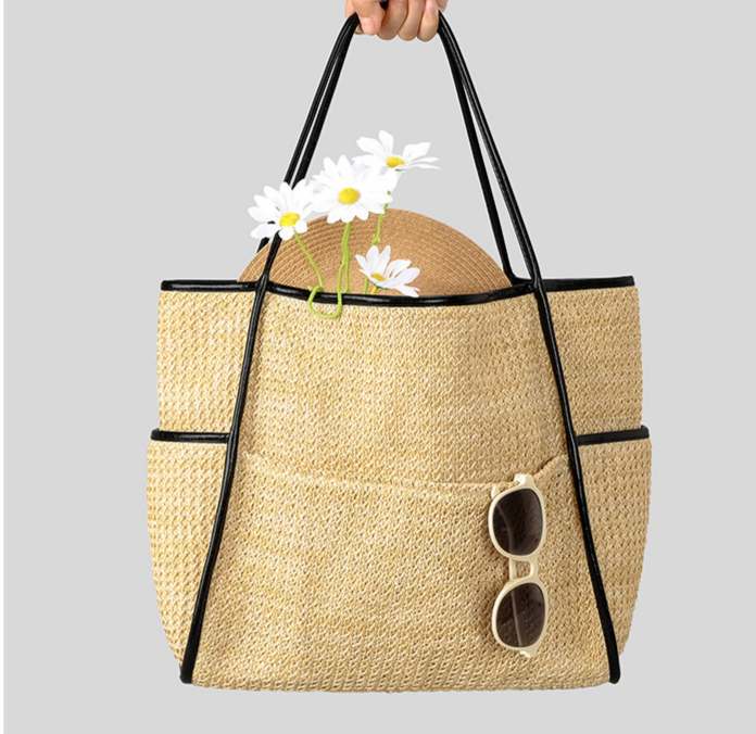 Large Straw Tote Bag Snap Woven Beach Shoulder Bag