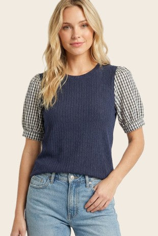 Solid Ribbed Top w/Gingham Banded Sleeves-Navy