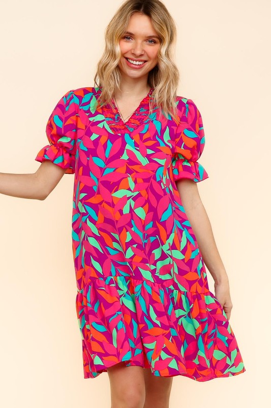 Tropical Leaf Smocked V-Neck Gathered Sleeve Dress-Fuchsia