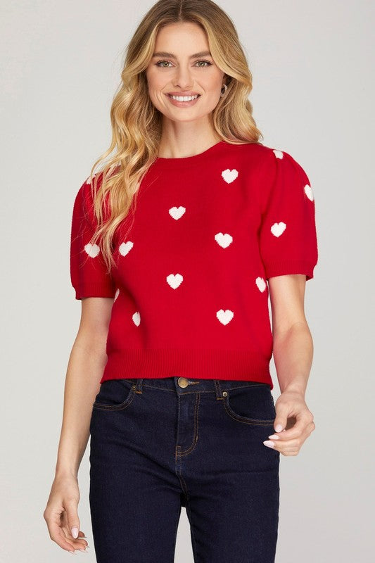 Short Puff Sleeve Heart Pattern Sweater