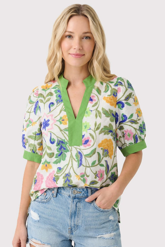 Floral Vine Split Neck Collared Puff Sleeve Top-Green