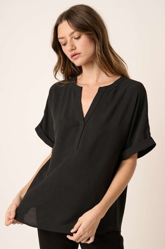 Solid Placket Detail Dolman Sleeve Top