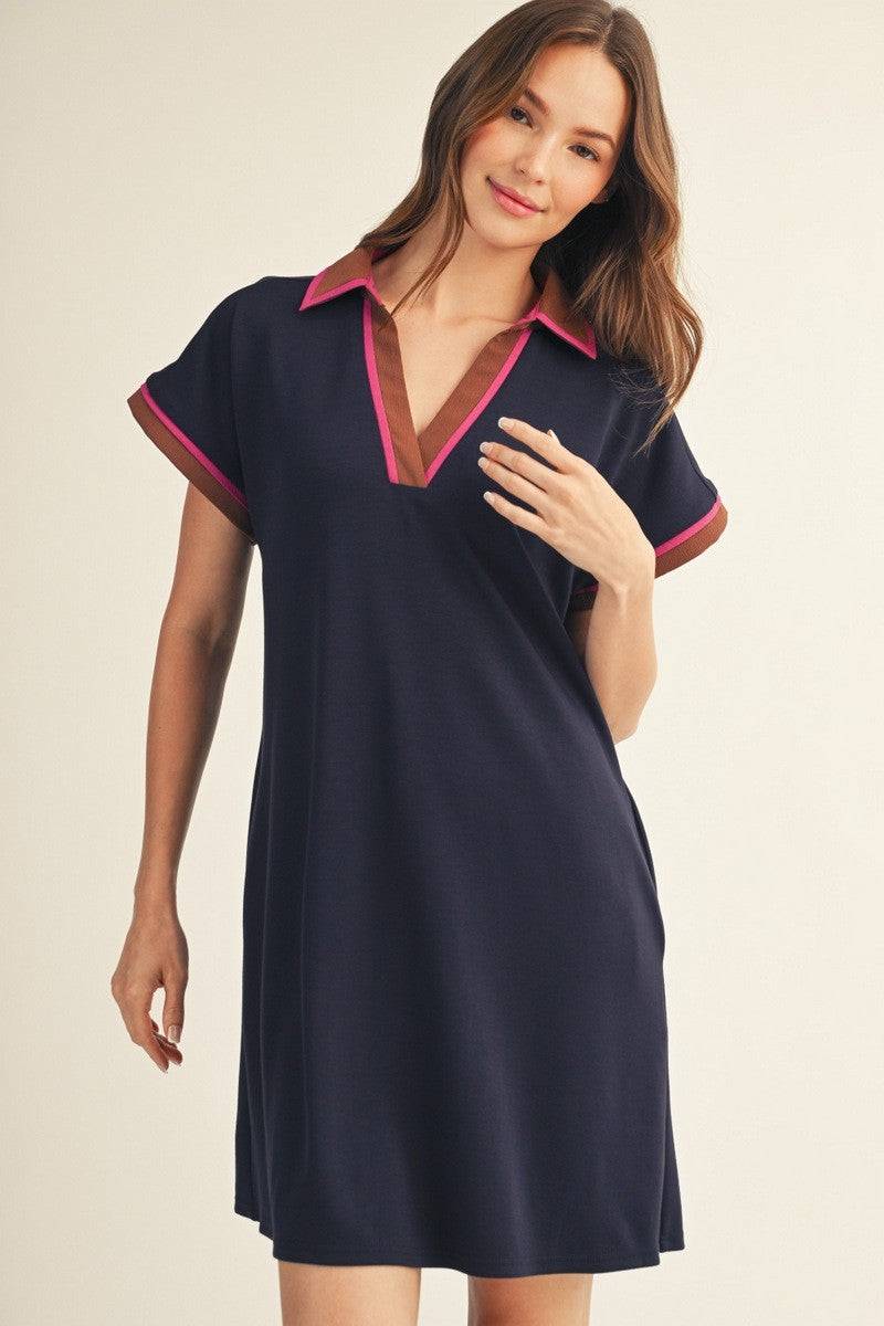 Solid Collared V-Neck Dress w/Contrast Details