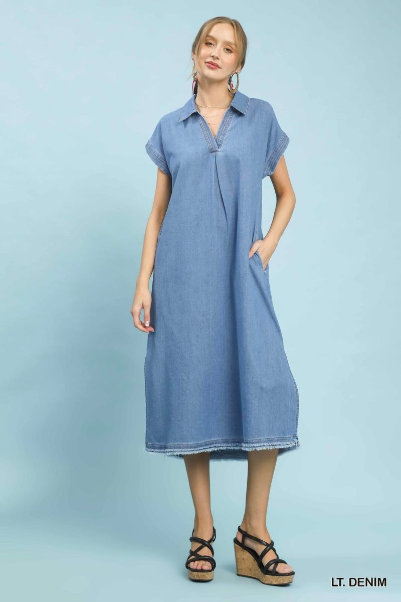Stone Washed Denim V-Neck Collared Midi Dress