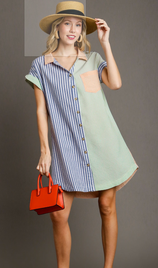 Mixed Color Block Stripe Button Down Pocket Dress - Chambray