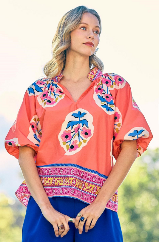 Large Spaced Floral Border Print Puff Sleeve Top-Coral