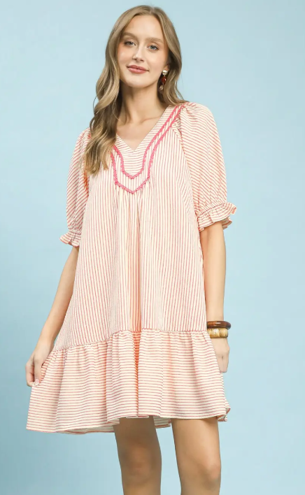 Striped Gathered Sleeve Contrast Yoke Dress-Coral Pink