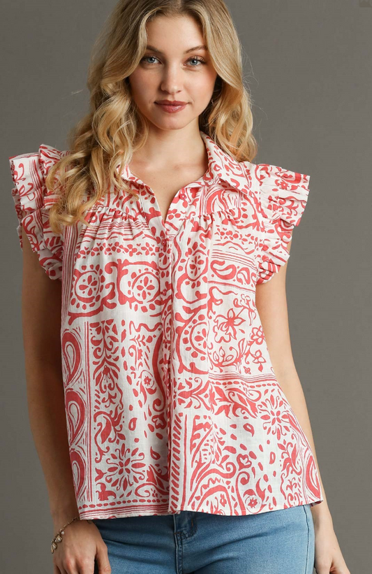 Paisley Ruffle Sleeve Button Down Top - Coral Pink
