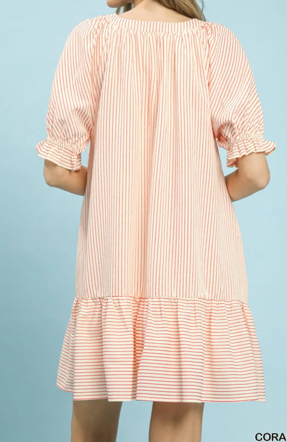 Striped Gathered Sleeve Contrast Yoke Dress-Coral Pink
