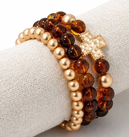 Hammered Gold Cross Bracelet Set-Brown