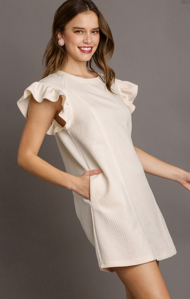 Textured Knit Ruffle Sleeve Dress - Cream