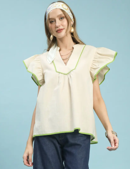 Solid V-Neck Contrast Trim Flutter Sleeve Top-Cream