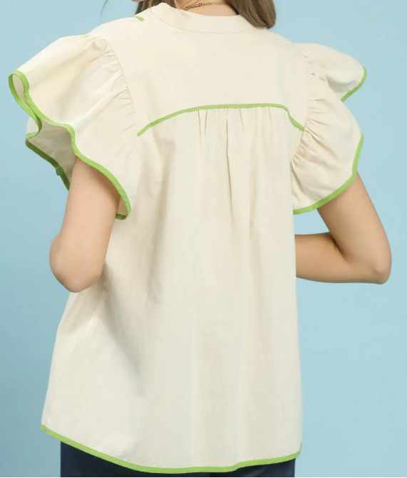 Solid V-Neck Contrast Trim Flutter Sleeve Top-Cream