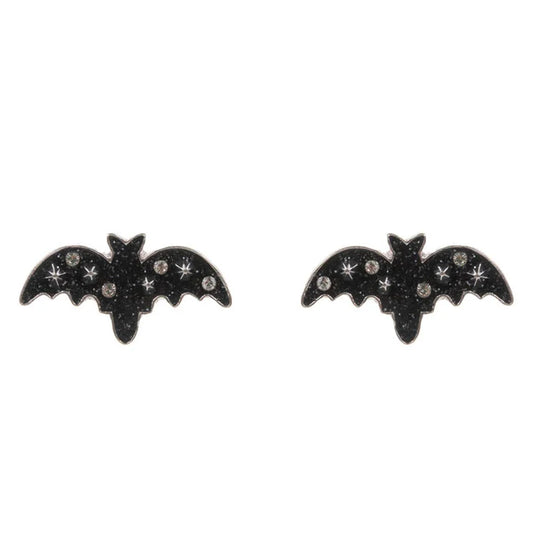 Glitter Bat Enamel Stud Earring - Black