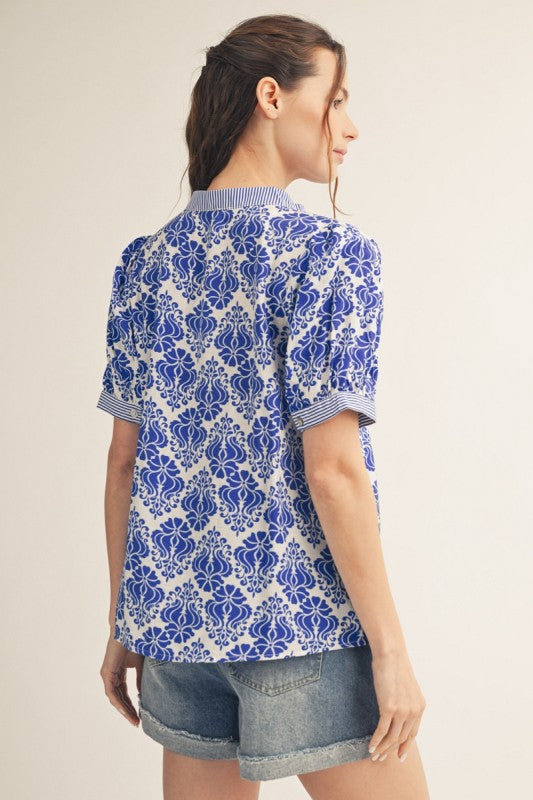 Damask & Stripe Button Down V-Neck Puff Sleeve Top