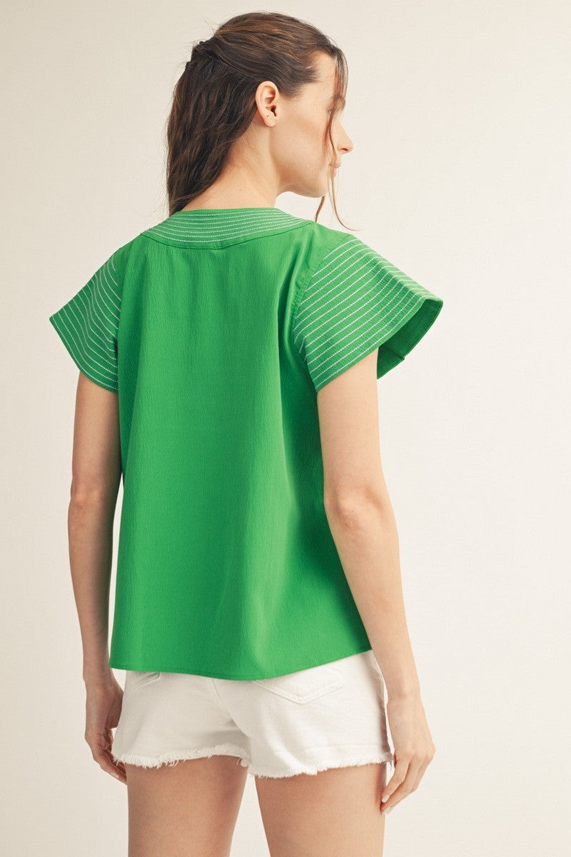Solid Contrast Stitch Detail V-Neck Flutter Sleeve Top