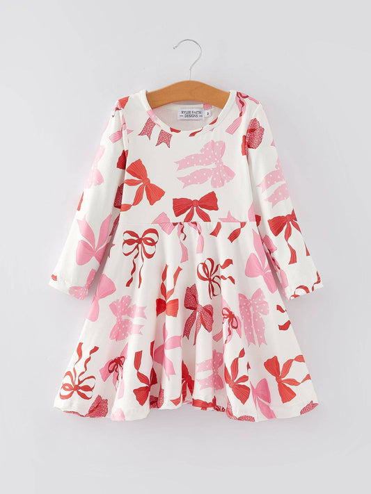 Girls' Pink Bow Print Dress