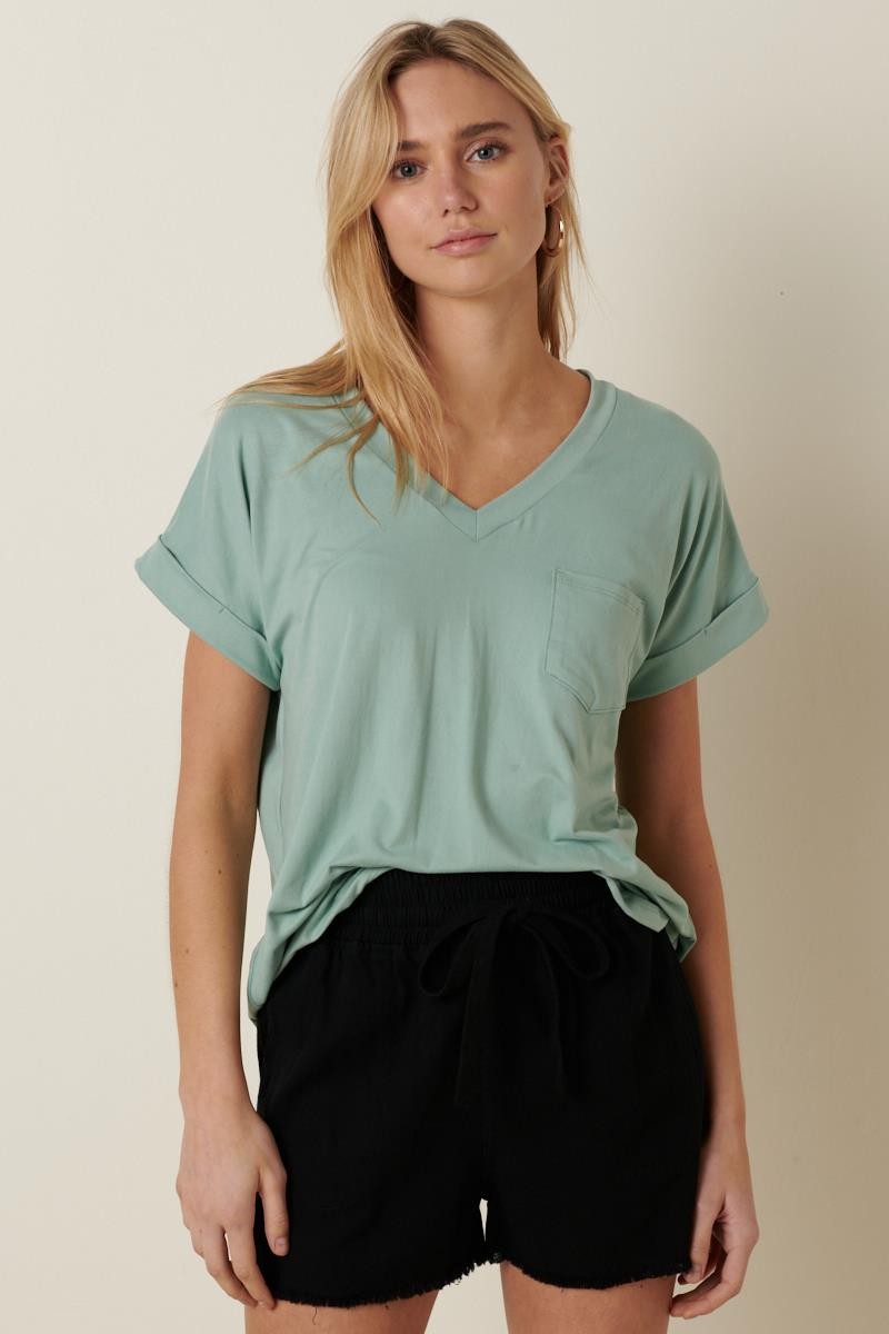 Solid V-Neck Cuffed Sleeve Pocket Top