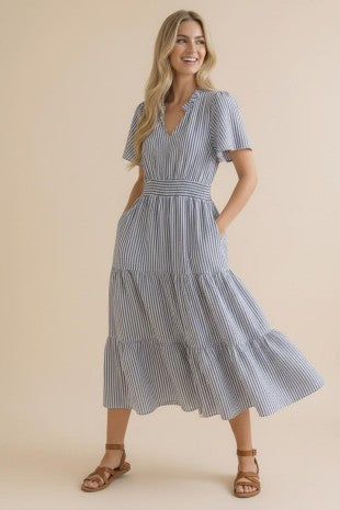 Vertical Striped Notch Neck Flutter Sleeve Midi Dress-Navy