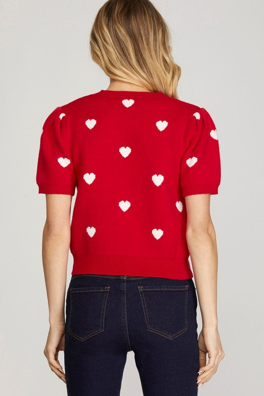 Short Puff Sleeve Heart Pattern Sweater